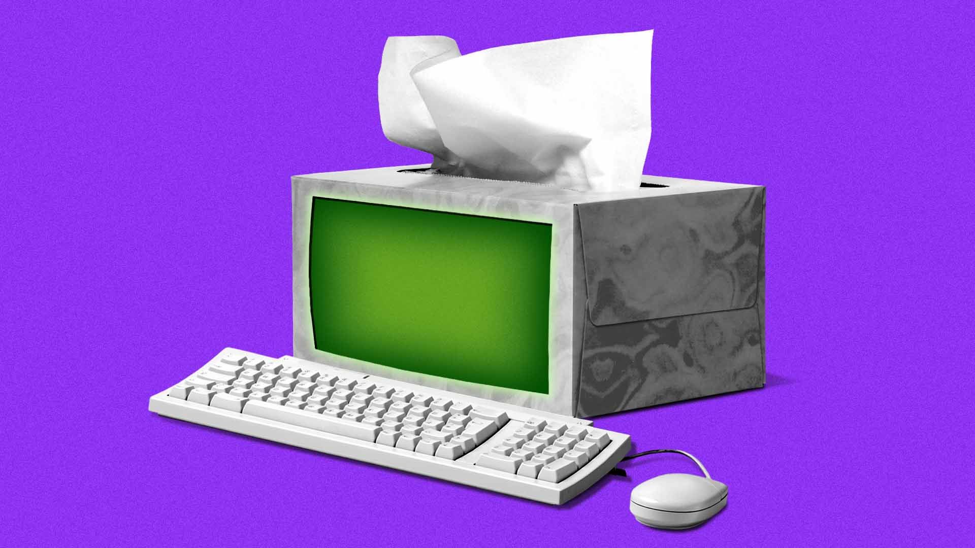 Illustration of a tissue box with a computer screen, keyboard, and mouse