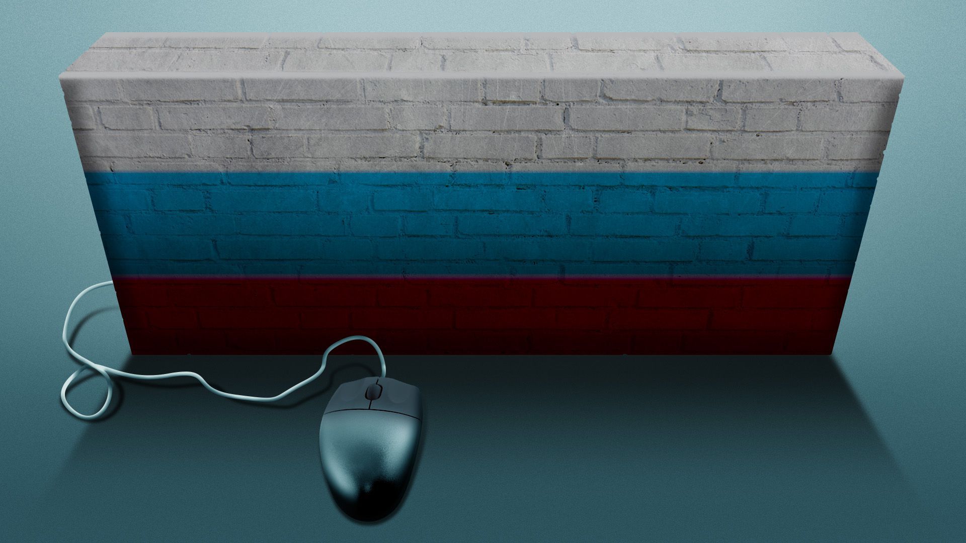 Illustration of a computer mouse cord going around a brick wall with Russian flag colors