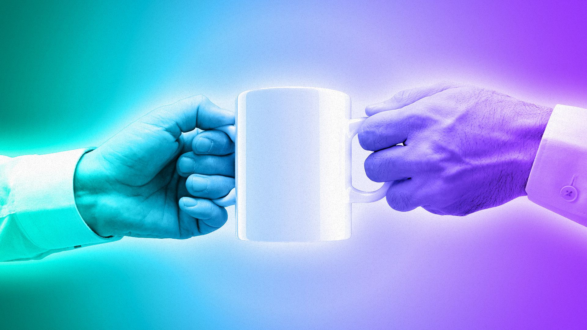 Illustration of hands grasping mug handles on opposite sides of the same mug.