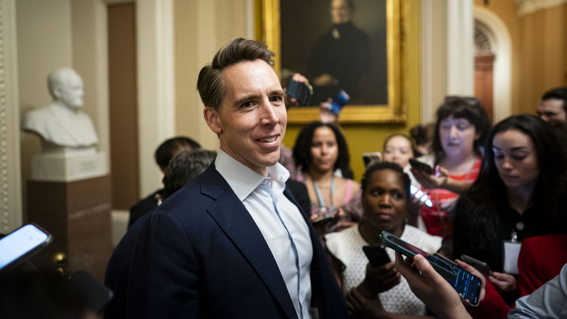 U.S. Sen. Josh Hawley (R-MO) speaks with reporters while arriving for a meeting with Senate Republicans in the U.S. Capitol on June 28, 2025 in Washington, DC. Senate Republicans overnight released a new version of the "One, Big, Beautiful Bill," as they approach U.S. President Donald Trump's July 4