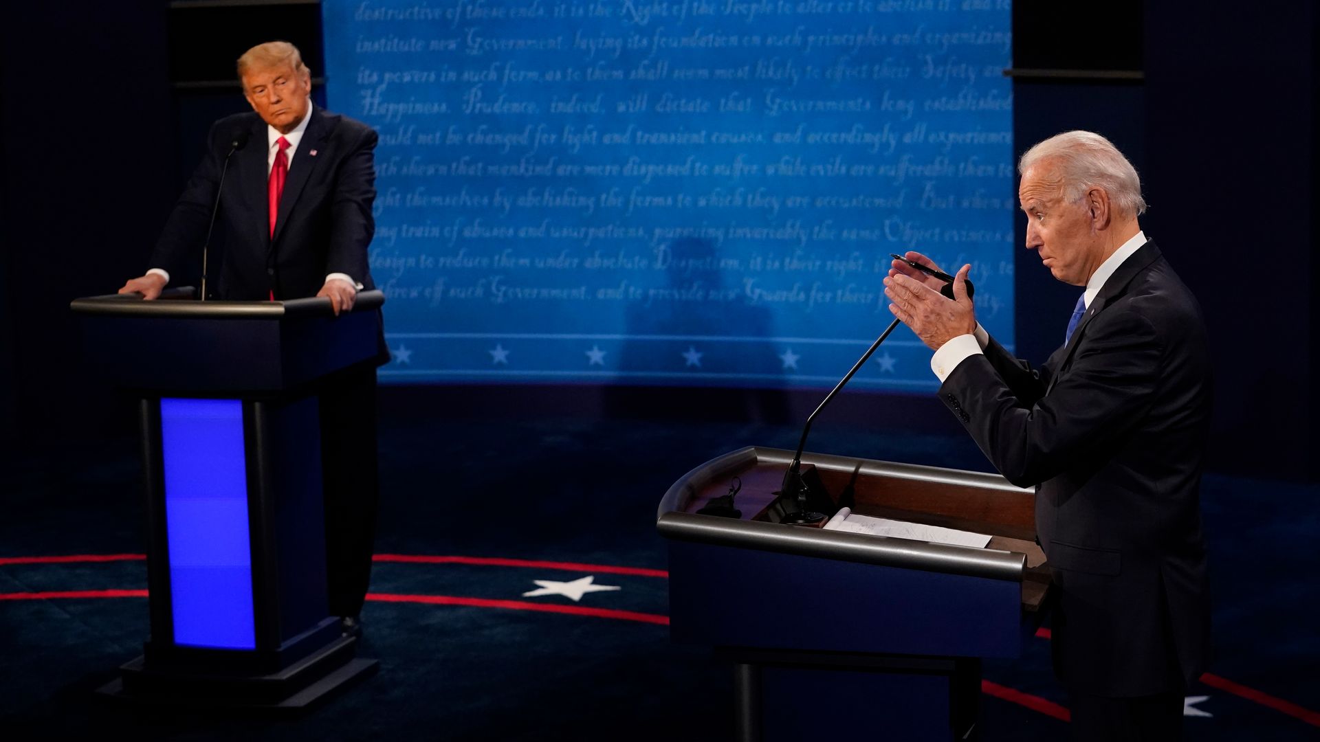 Then-President Trump and then-presidential candidate Joe Biden appear side-by-side during a debate