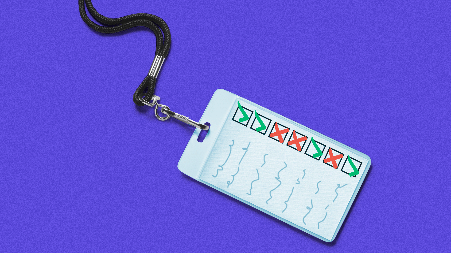 Illustration of a lanyard badge with requirement checkboxes changing. 