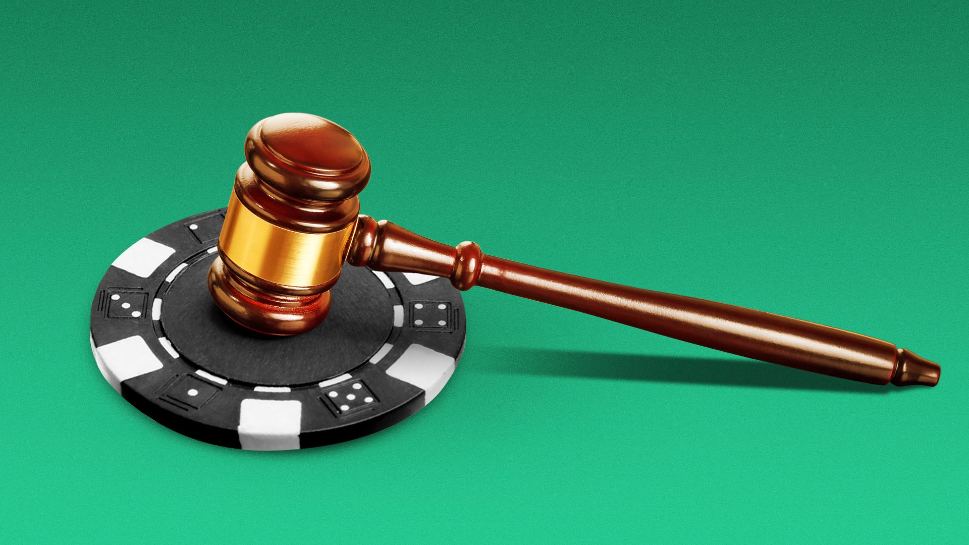 Illustration of a gavel on a block stylized as a casino poker chip. 