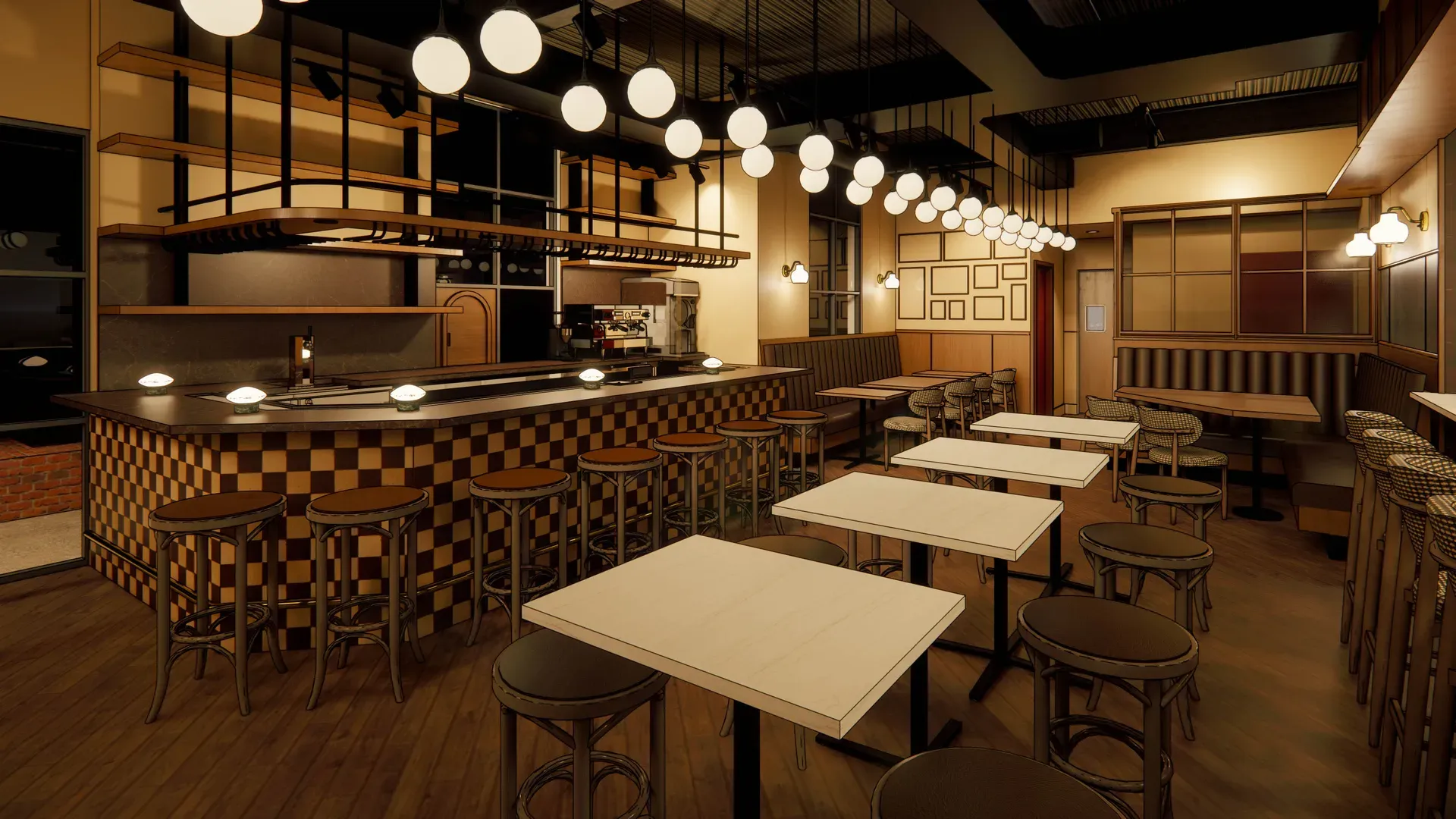 Interior view of a warm retro-style diner with a long black-and-gold checkered bar, stools, white tables, wicker chairs, and row of globe pendant lights; booths along the wall.