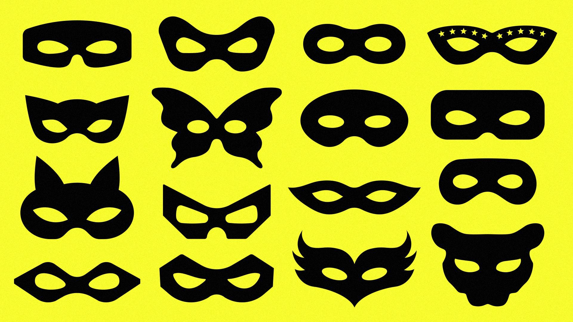 Illustration of various black superhero masks against a yellow background.