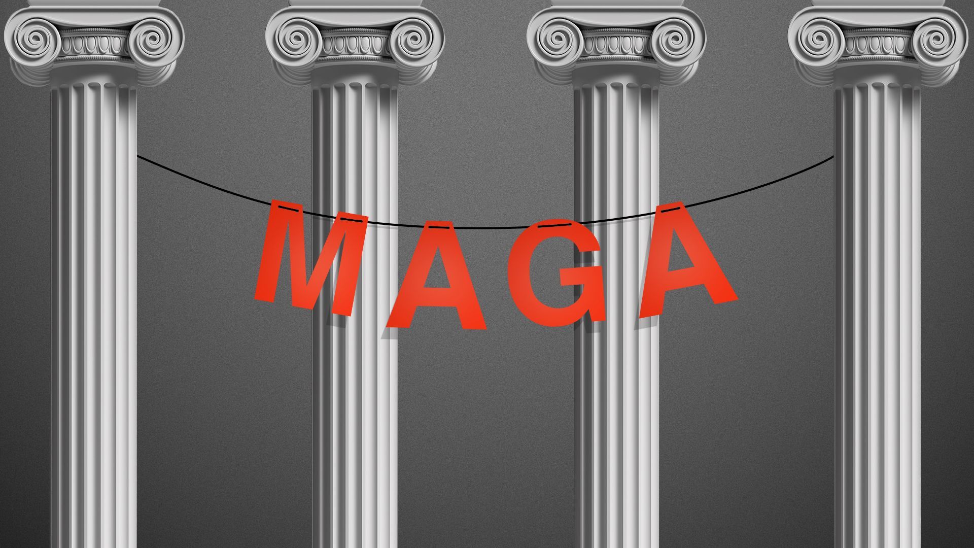 Illustration of a letter style banner spelling out "MAGA" hung across several columns. 