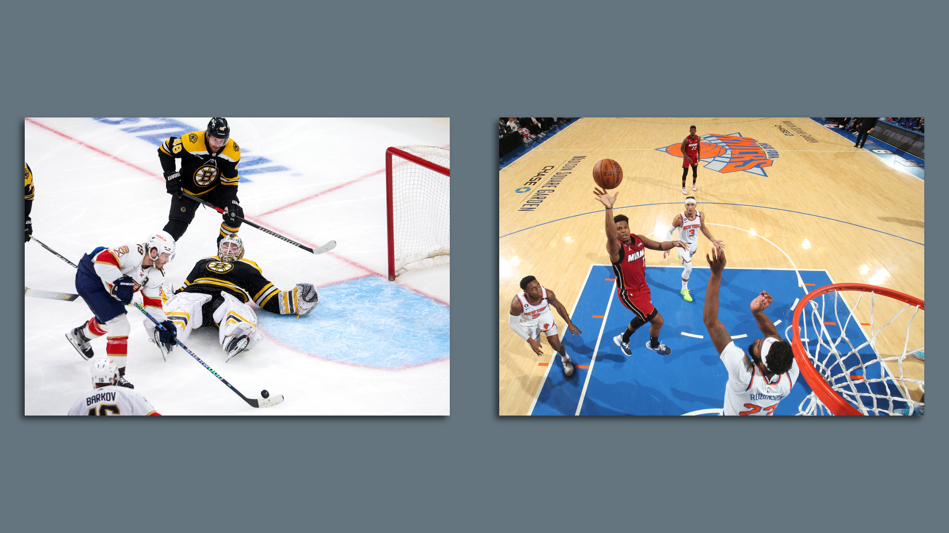 A side-by-side collage shows Florida Panthers LW Matthew Tkachuk shooting a wide-open goal and Heat guard Kyle Lowry shooting a floater, both in their first-round playoff matchups