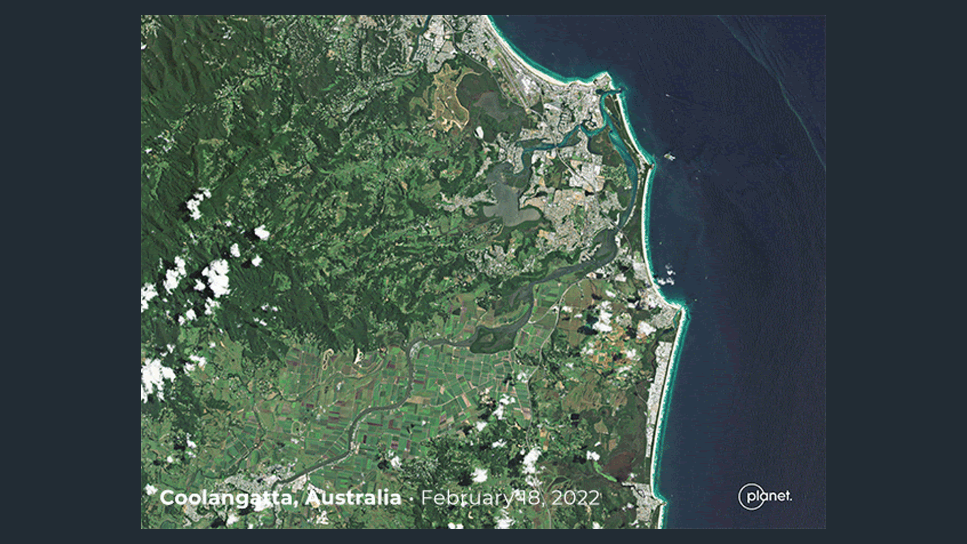 Satellite images showing before and after heavy rains in February and March 2022 in Coolangatta, Australia. Credit: Planet Labs PBC