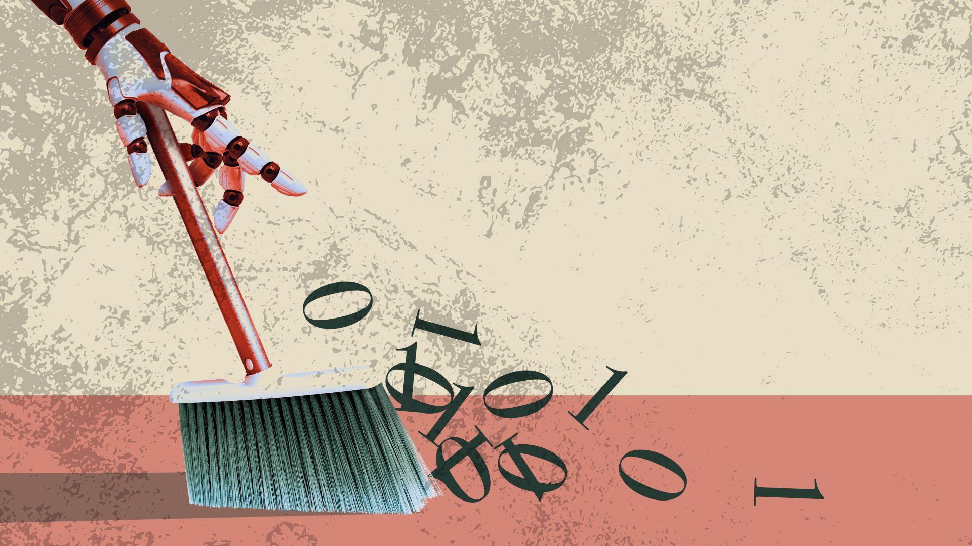 Illustration of a broom sweeping up binary code