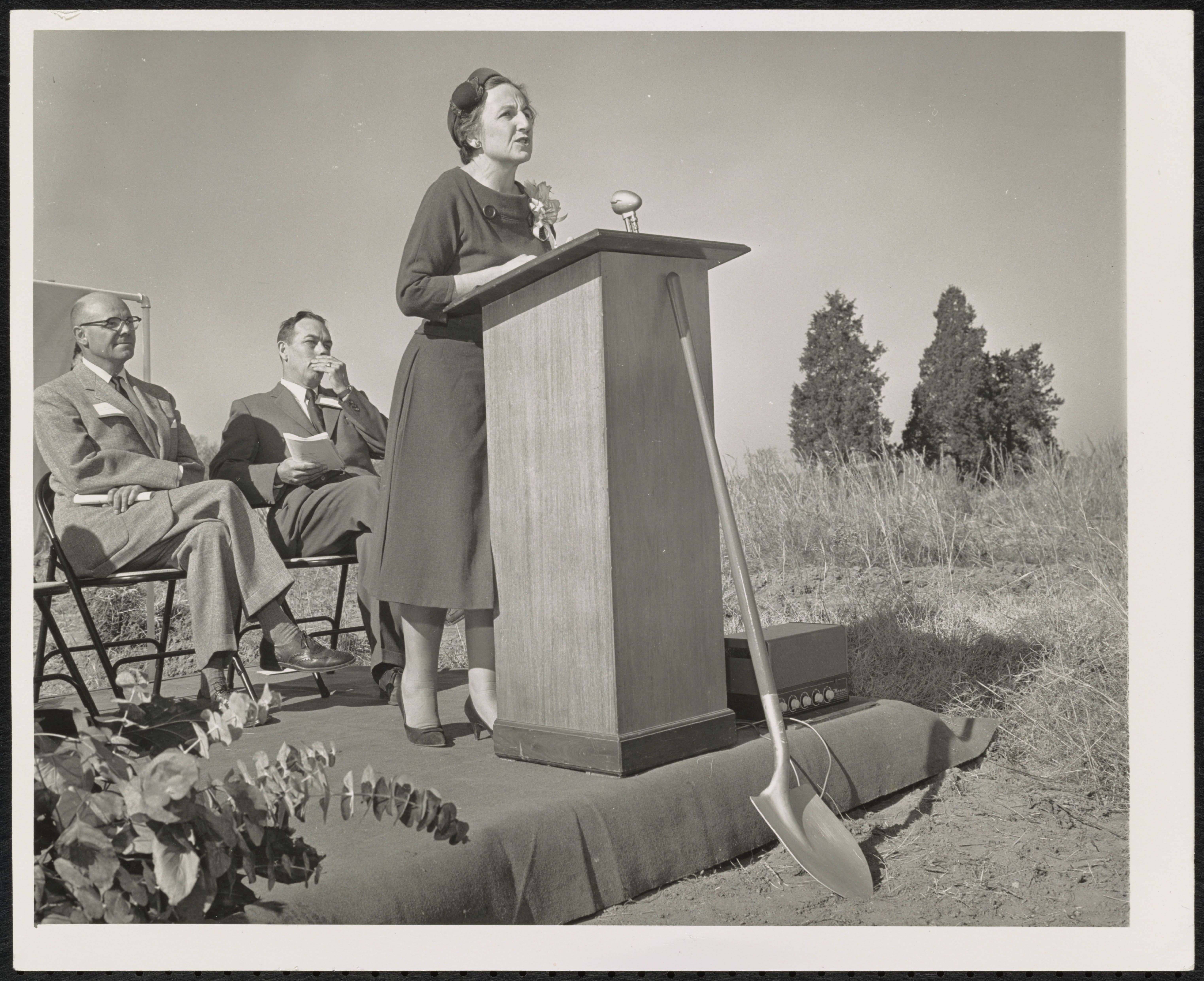 Charlotte College president Bonnie Cone speaking at the ground breaking for the school's campus in 1960. Charlotte College Photographs, 1950-1965; Courtesy of J. Murrey Atkins Library, UNC Charlotte
