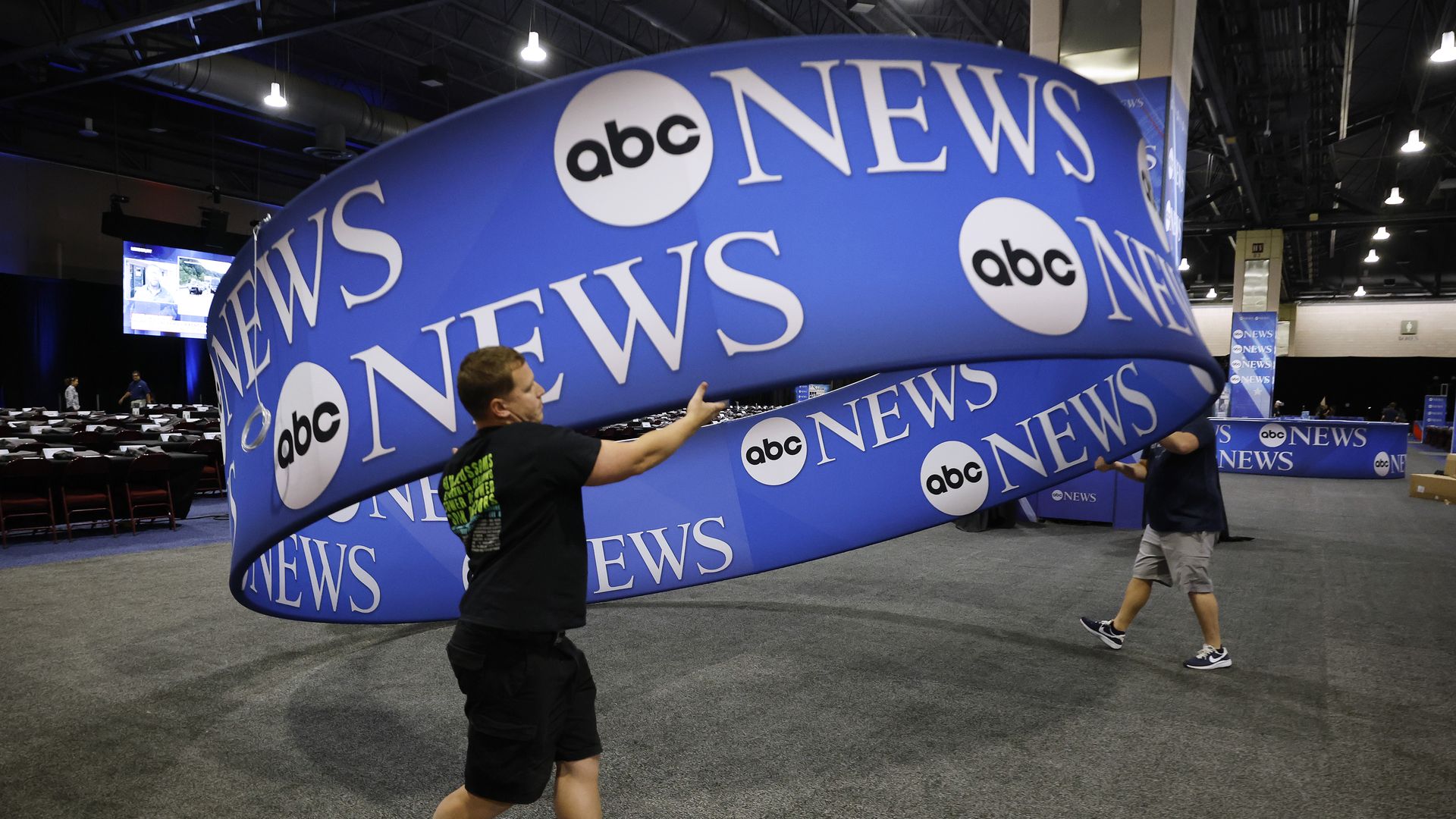 : ABC News signage is installed in the media file center inside the Pennsylvania Convention Center one day before the presidential debate on September 09, 2024 in Philadelphia, Pennsylvania. Democratic presidential nominee, U.S. Vice President Kamala Harris and Republican presidential nominee, forme