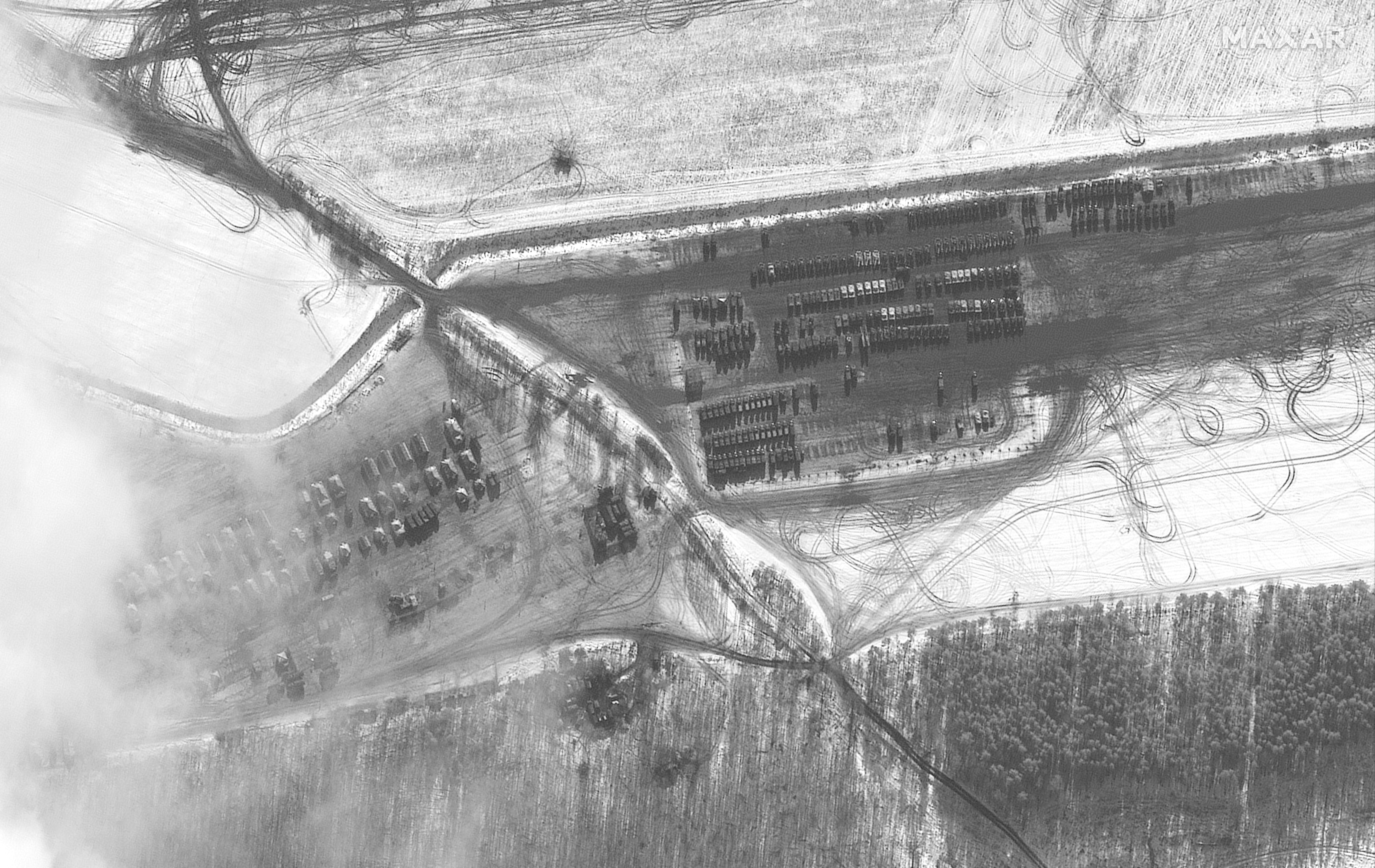 An image of a troop housing area and military vehicles parked near Rechytsa, Belarus, captured by satellite on Feb. 10.