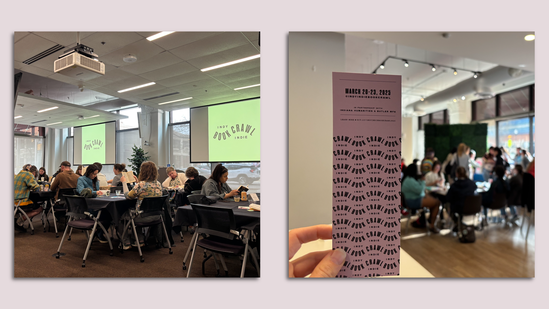 People reading quietly at tables and a bookmark