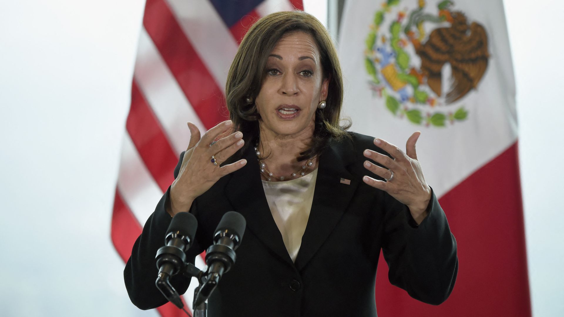 Vice President Kamala Harris is seen speaking during a news conference today in Mexico City.
