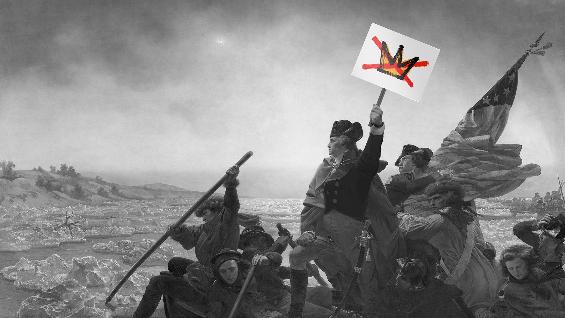 Photo illustration of George Washington holding a "No Kings" protest sign in the painting "Washington Crossing the Delaware".