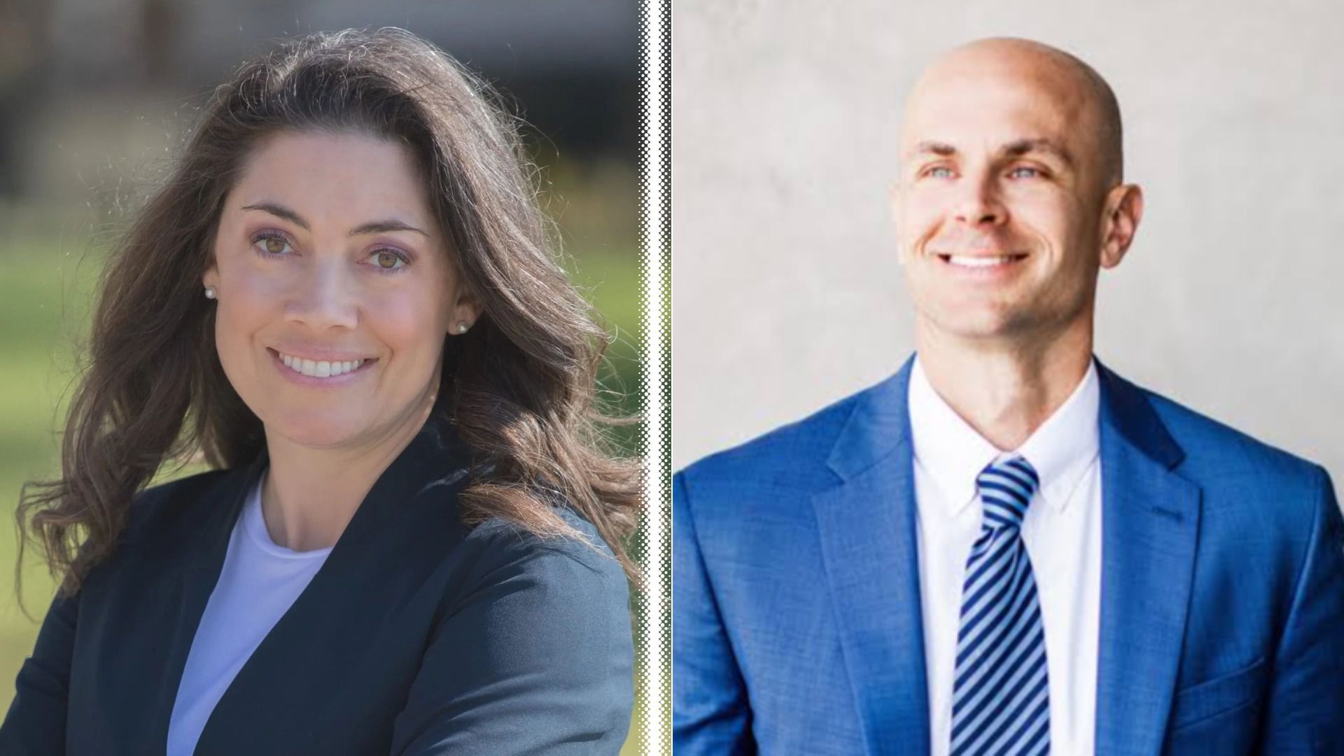 Split-screen image featuring two portraits: left a smiling woman with long dark hair outdoors in a dark blazer and light blouse; right a smiling bald man in a blue suit and striped tie against a neutral background.