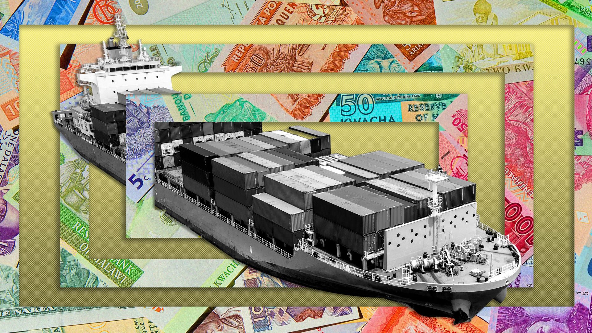 Illustration of a supply ship surrounded by rectangles made of international currency. 