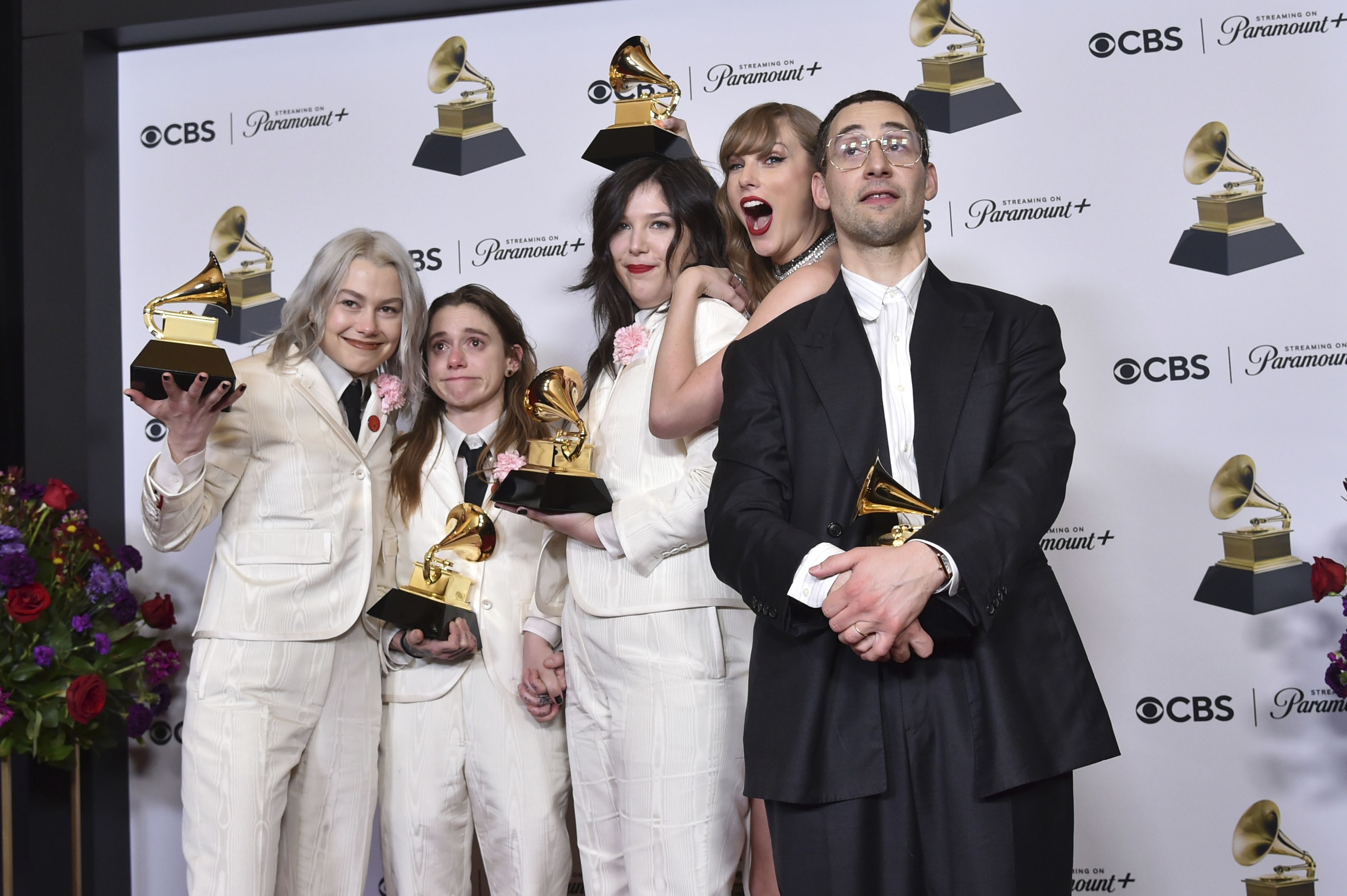Taylor Swift and producer Jack Antonoff pose with the members of boygenius after the Grammys on Sunday.