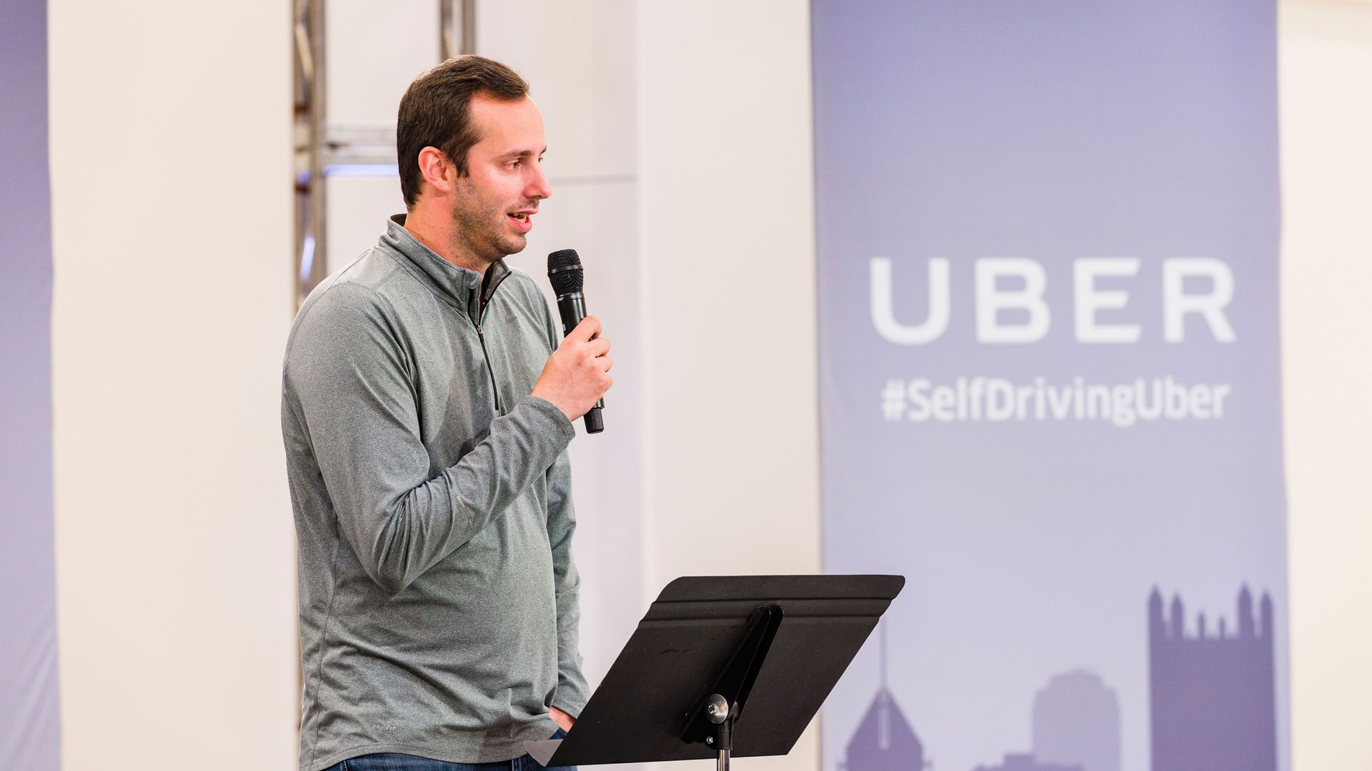 Photo of Anthony Levandowski speaking at an Uber event.