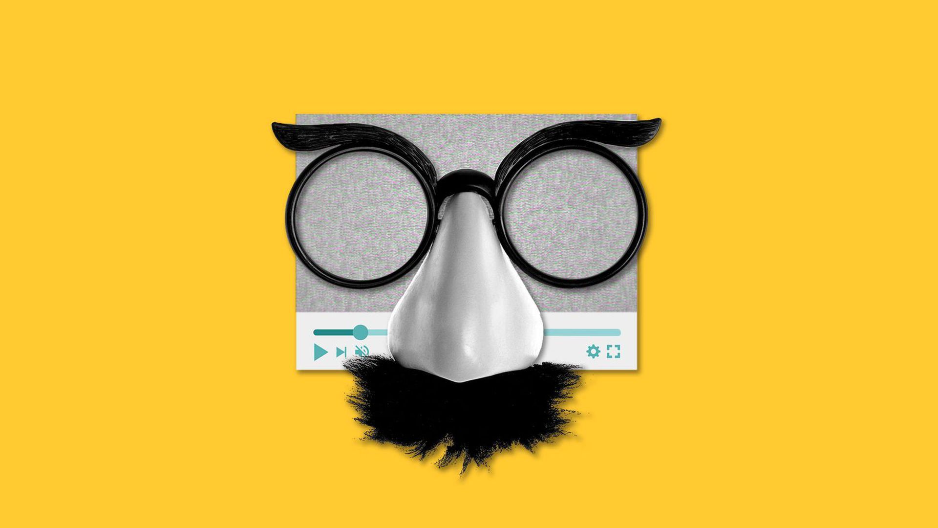 Illustration of a video player displaying static, wearing a Groucho Marx mask 
