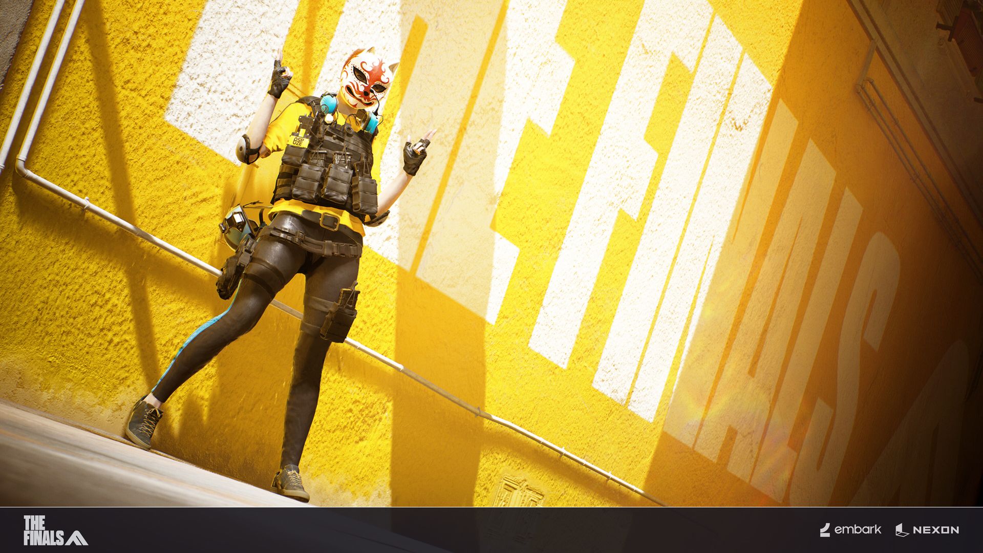 Video game screenshot of a person in a mask and a flak jacket standing in front of a yellow wall