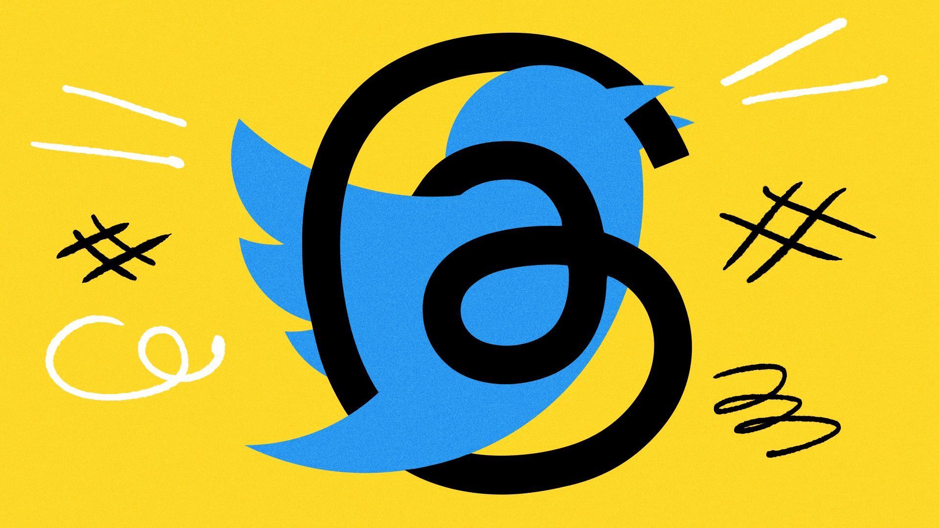 illustration of Twitter app logo and Threads app logo intertwined