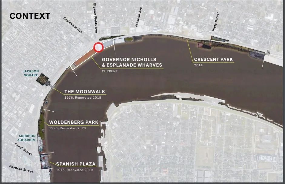 Image shows a map of the Mississippi River in New Orleans with different projects.