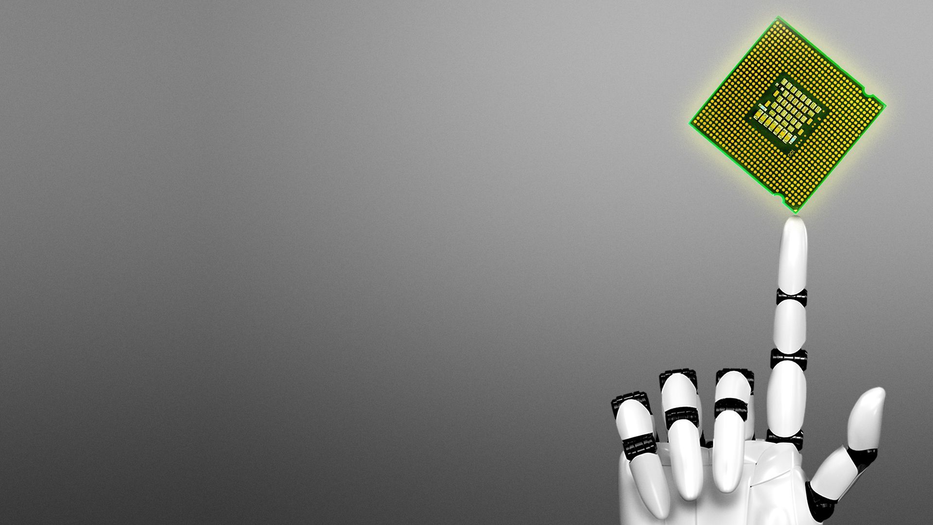 Illustration of a computer chip resting on the index finger of a robotic hand.