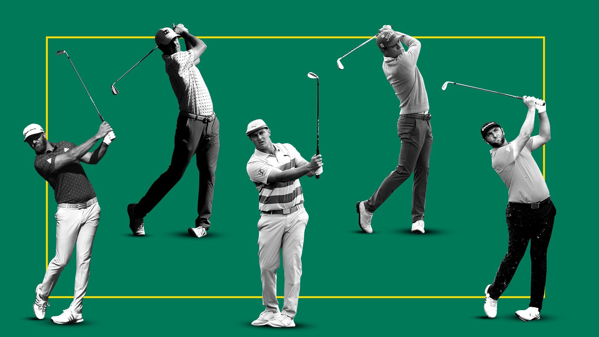 Photo illustration of Dustin Johnson, Jordan Spieth, Bryson DeChambeau, Justin Thomas, and Jon Rahm.