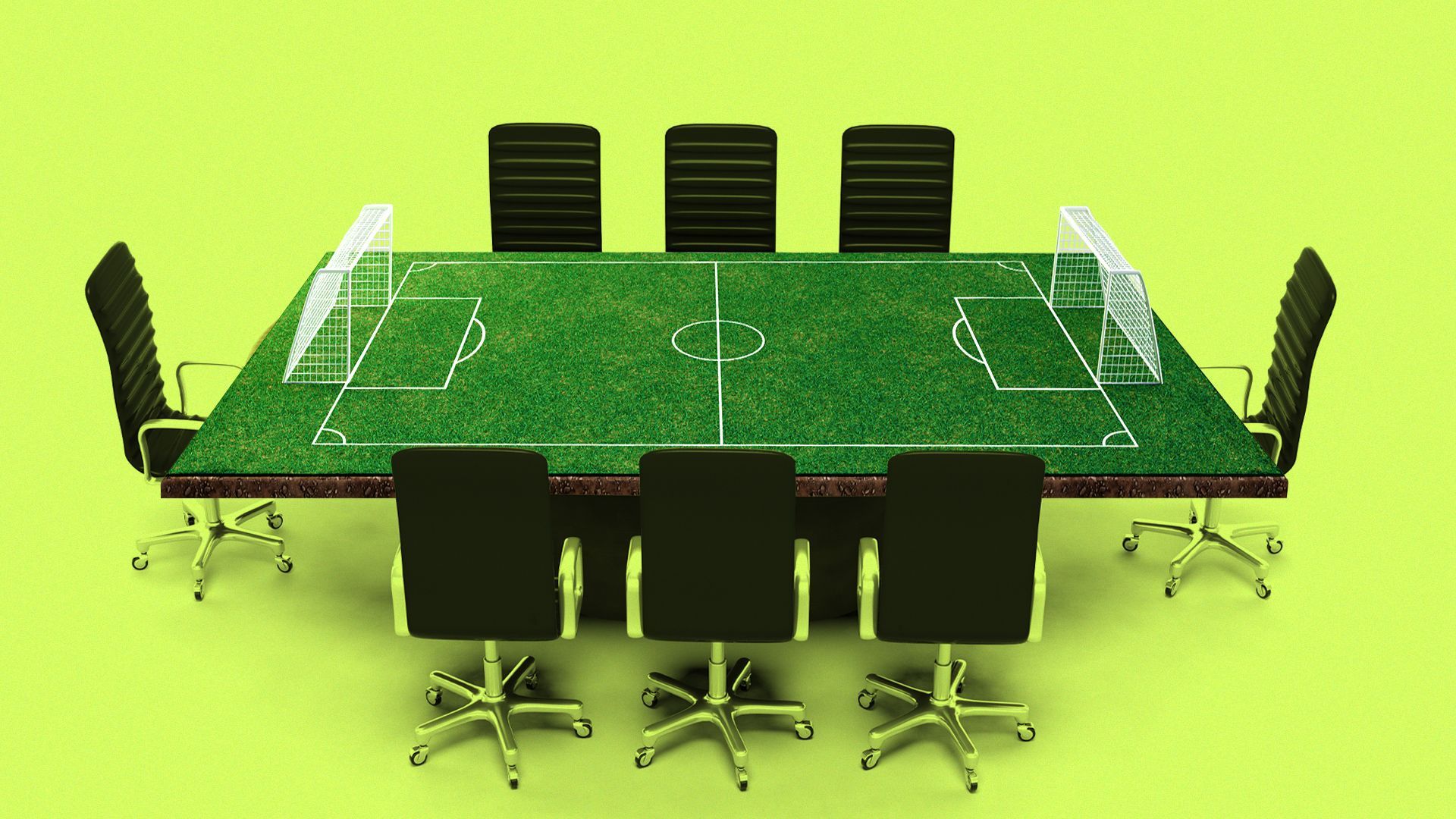 Illustration of a board room table made from a soccer field.