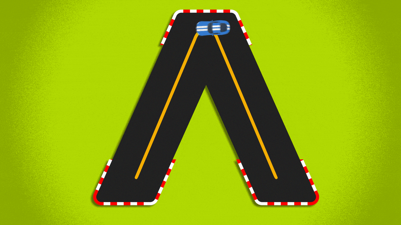 Illustration of a racetrack in the shape of the Axios logo, with a car driving around the track.