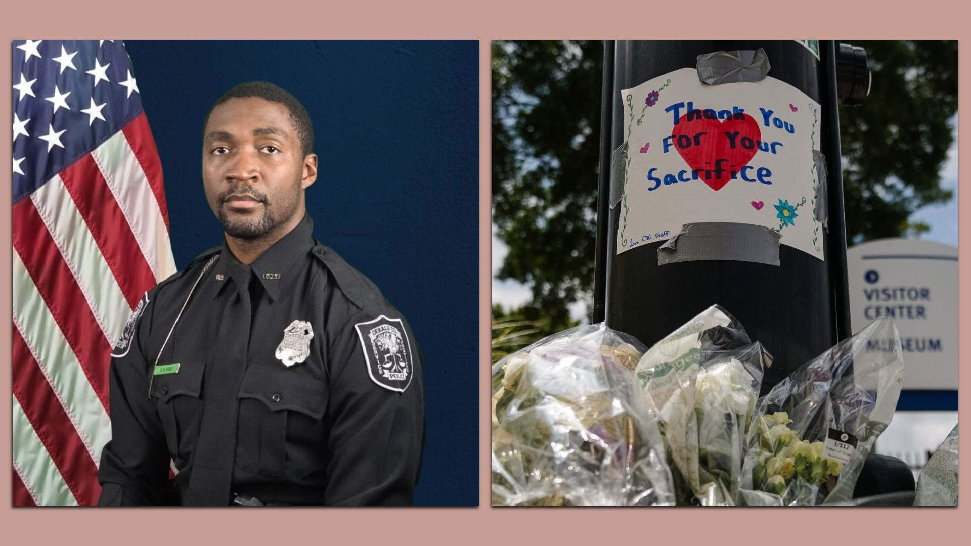 Portrait of a police officer in uniform with U.S. flag behind them; next to it, a taped sign with a red heart reading "Thank You For Your Sacrifice" above flowers at a memorial site.