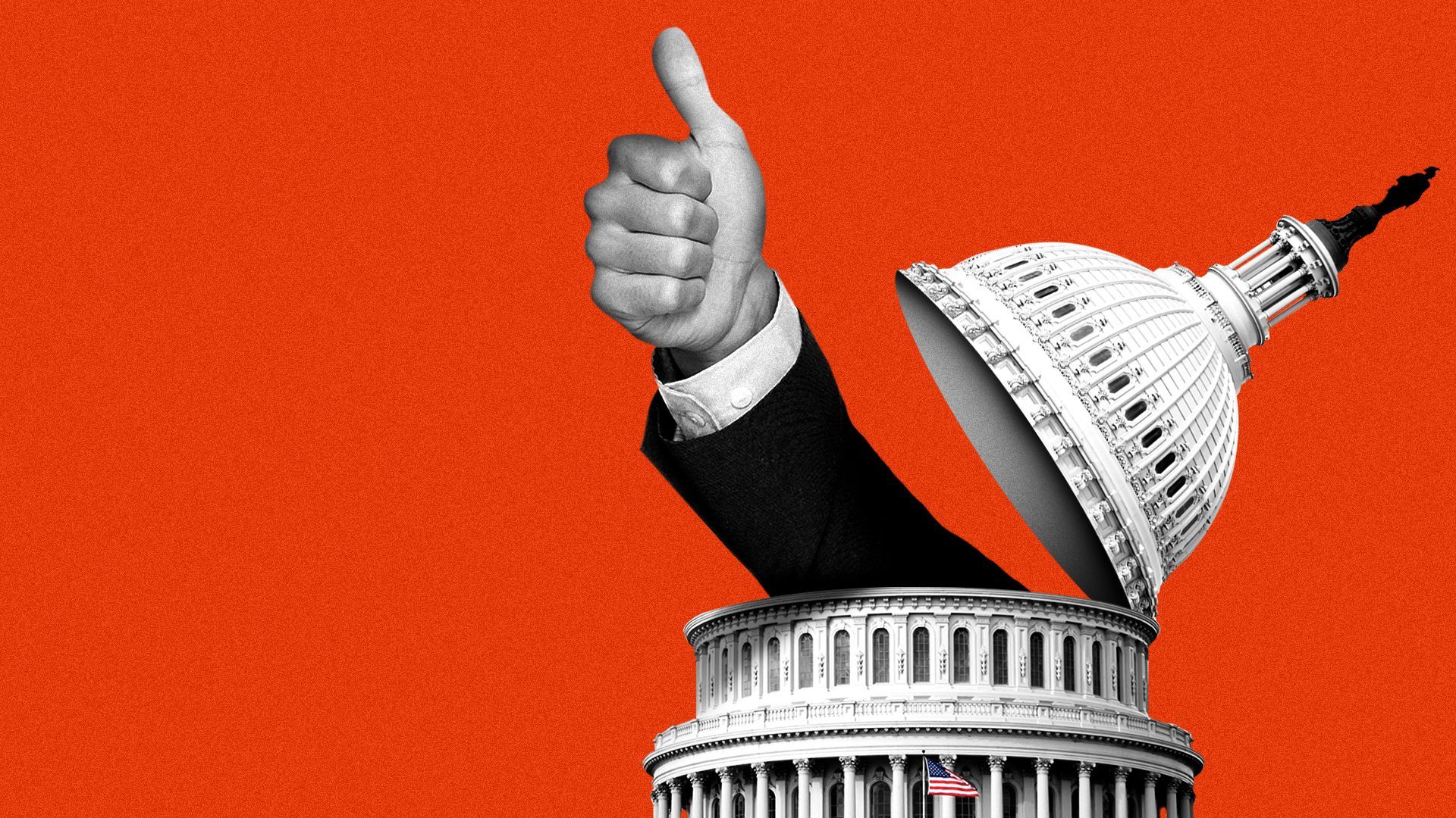 Illustration of a hand emerging from the capitol dome giving a thumbs up hand sign. 