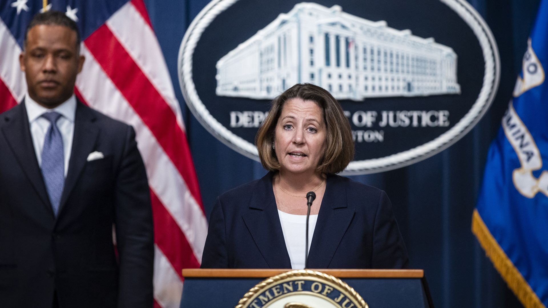 Lisa Monaco speaks at a press conference