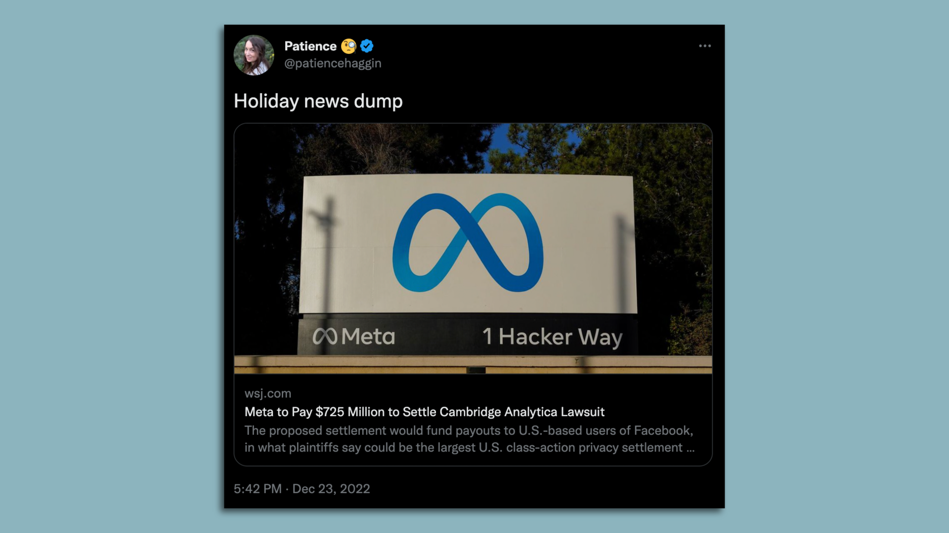 Tweet featuring a story about Meta's $725 Million Cambridge Analytica Lawsuit settlement