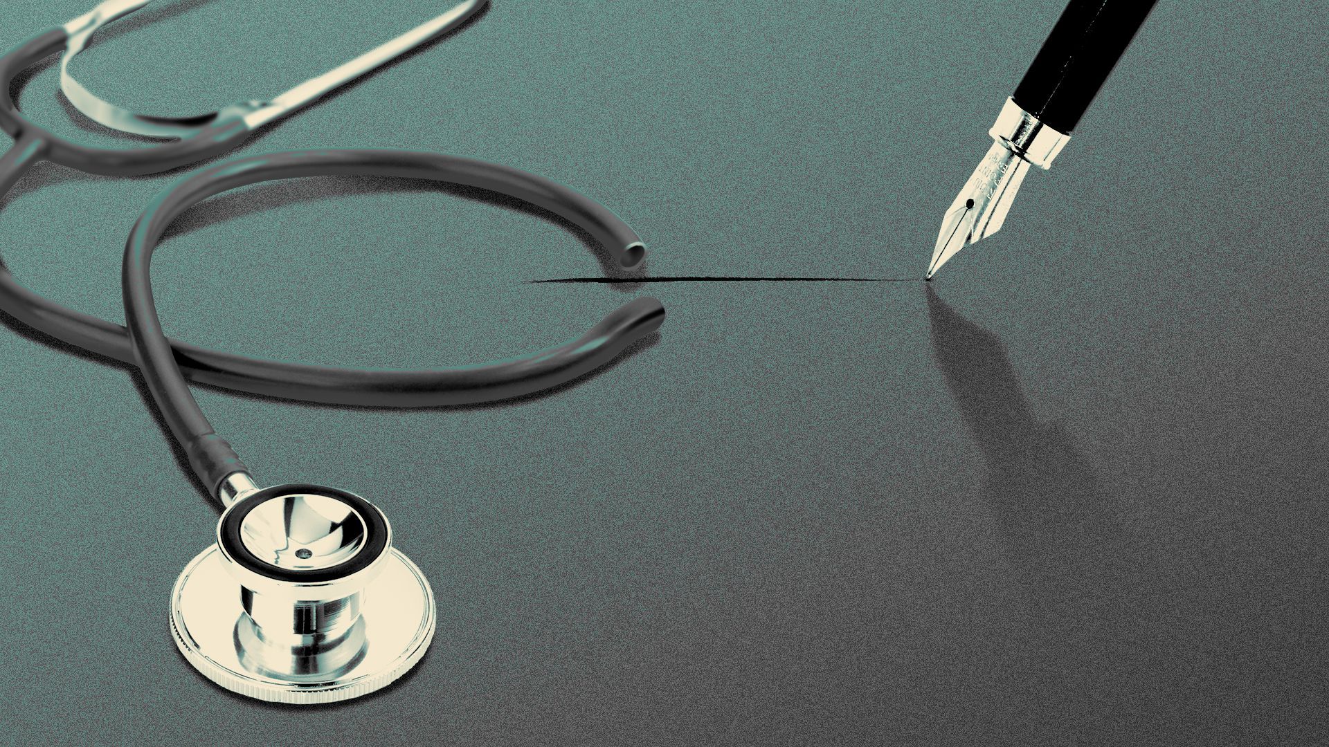 Illustration of a fountain pen cutting a stethoscope tube. 