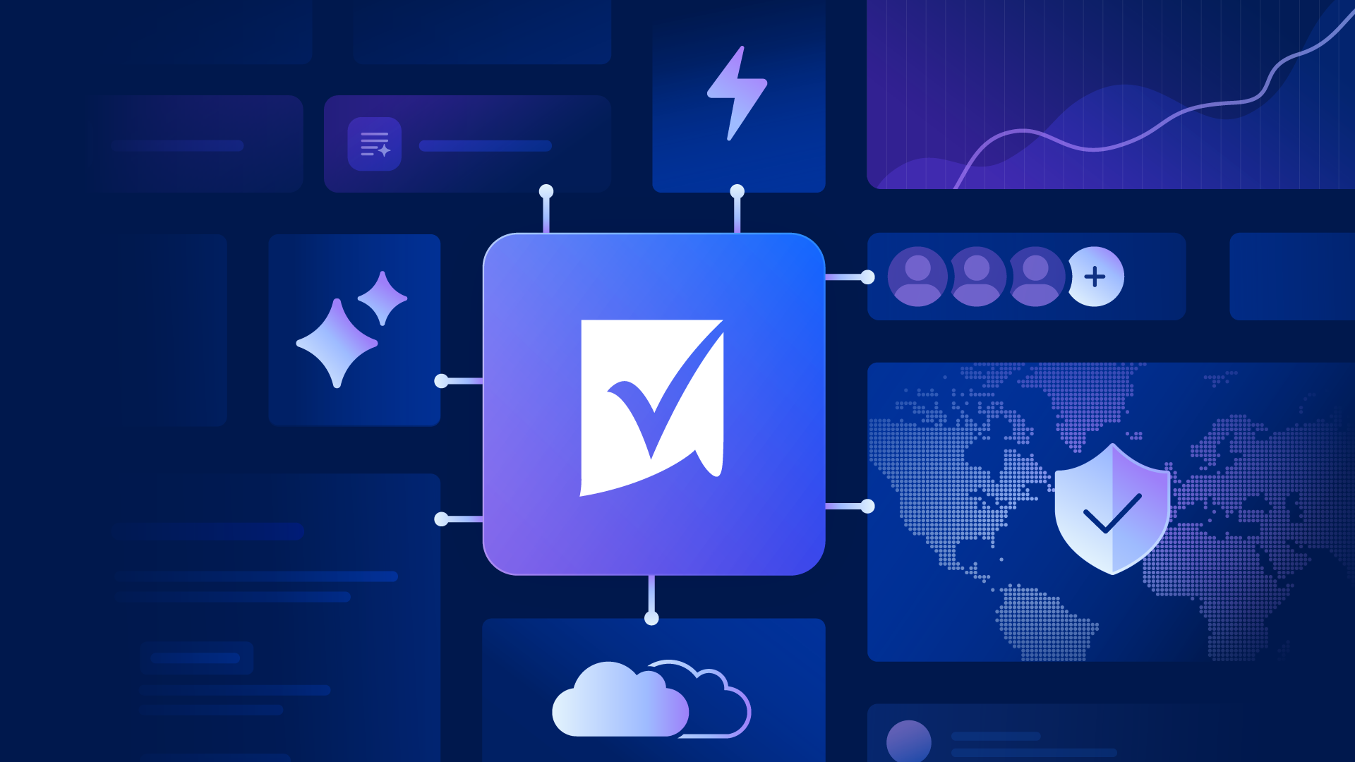 Dark blue dashboard with a purple square featuring a white checkmark; connected panels display icons like sparkles, user silhouettes, a plus sign, a lightning bolt, a world map, cloud, and graph.