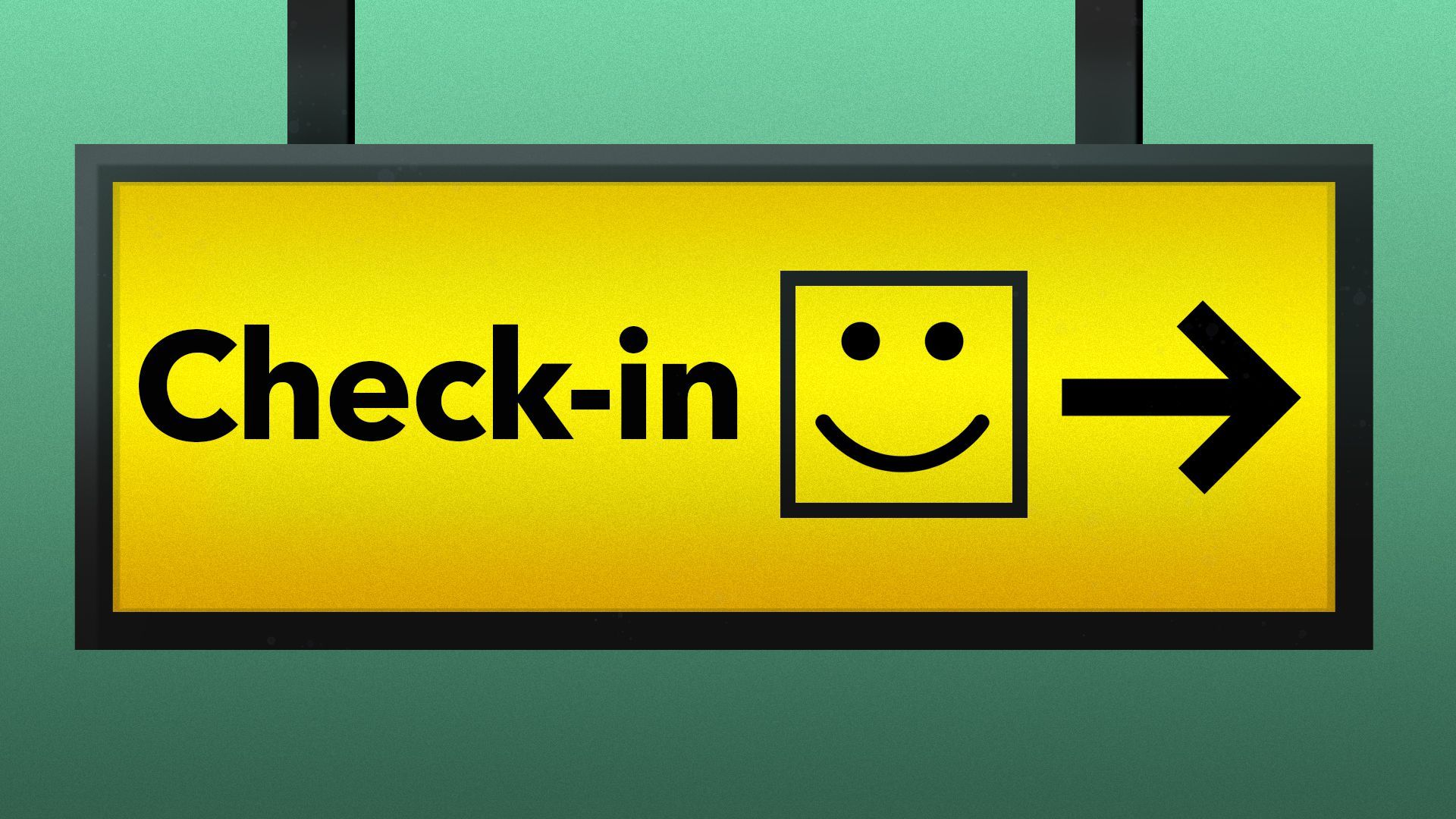 Illustration of an airport check-in sign with a happy face