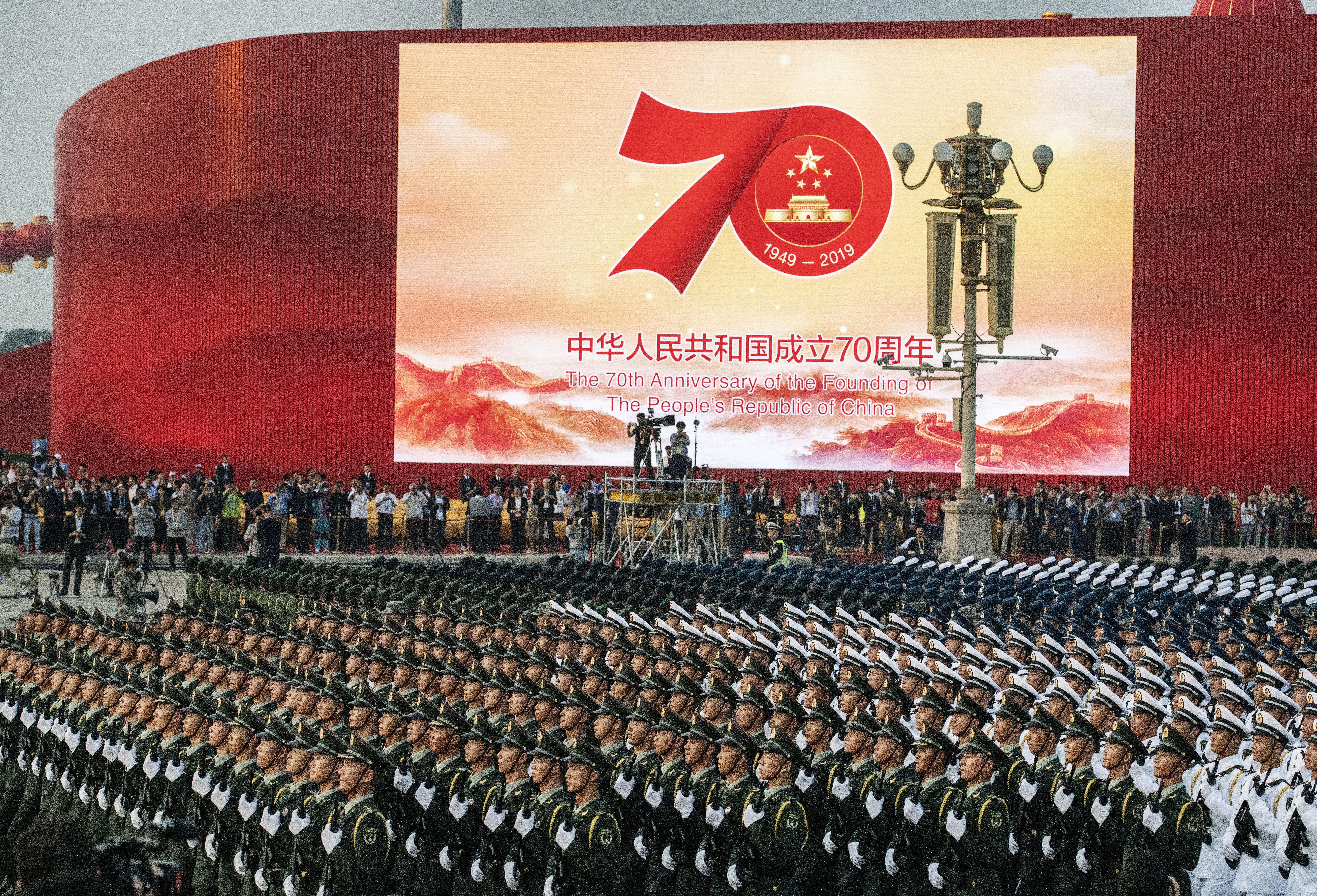 Chinese military marchto celebrate the 70th Anniversary of the founding of the People's Republic of China at Tiananmen Square on October 1, 2019 in Beijing, China. 