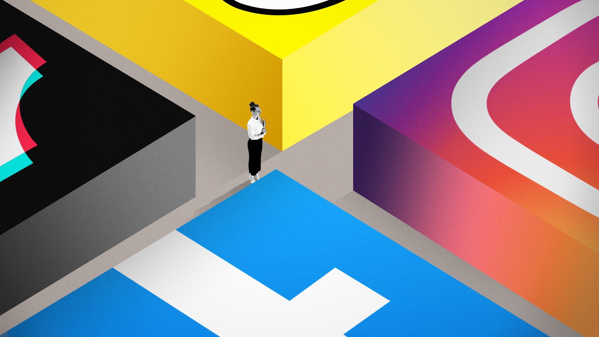 Illustration of a researcher in a maze made up of giant social media app squares. 