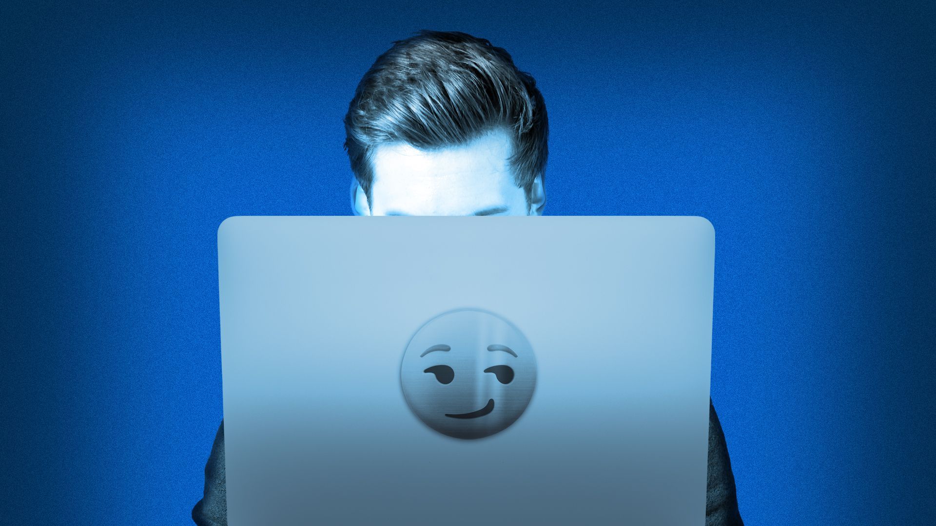 Illustration of a person on a laptop featuring a smirking icon