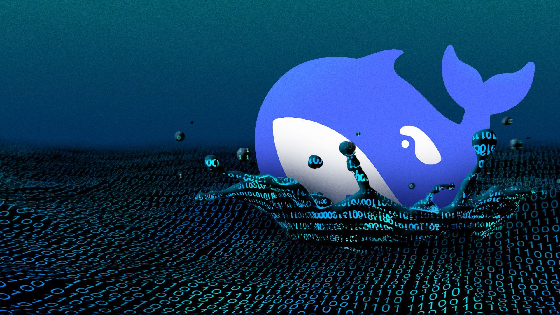 Illustration of the Deepseek logo creating a big splash in a sea of binary code.