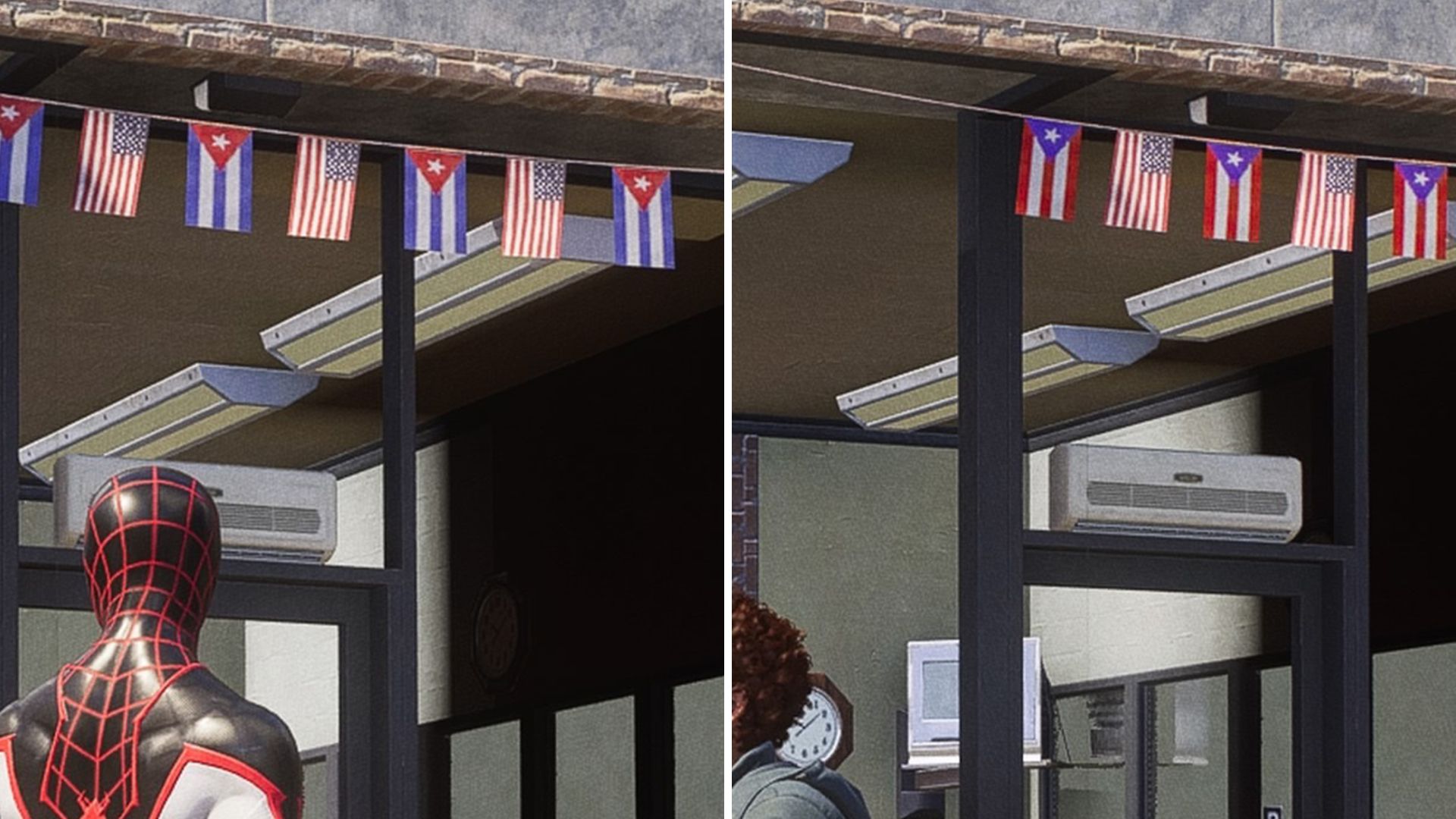 Two video game screenshots showing a row of small flags. The first shot shows Cuban flags. The second shows Puerto Rican flags in their place.
