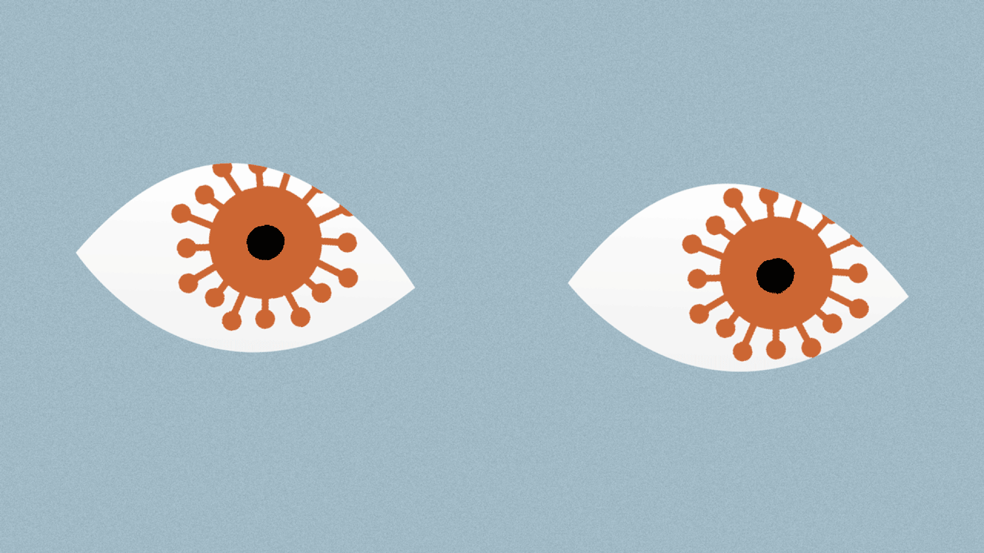 Animated illustration of a pair of eyes blinking and then rolling with covid shaped irises