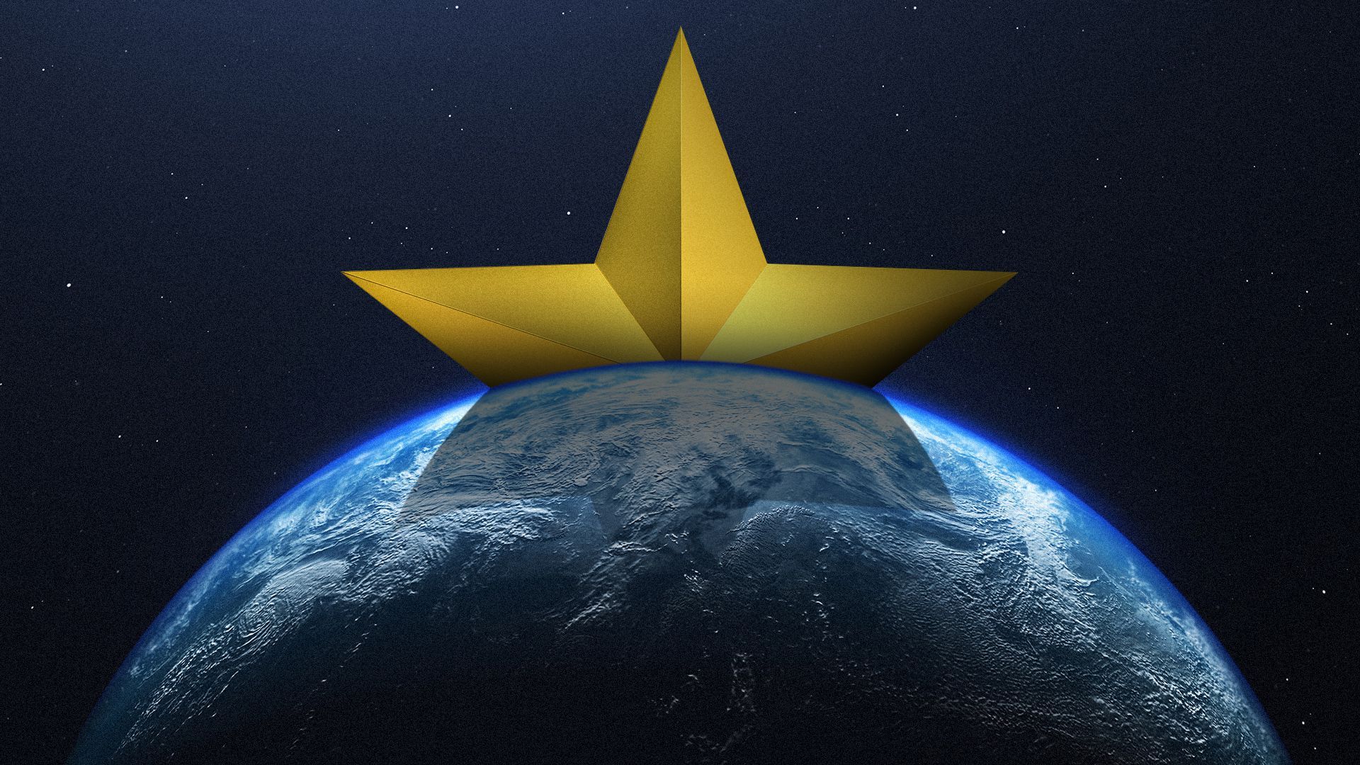 Illustration of a giant yellow star rising over the Earth in space and casting a giant shadow. 