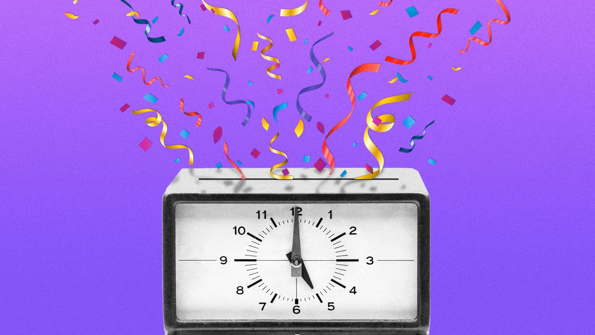 Illustration of confetti shooting out of a timeclock.