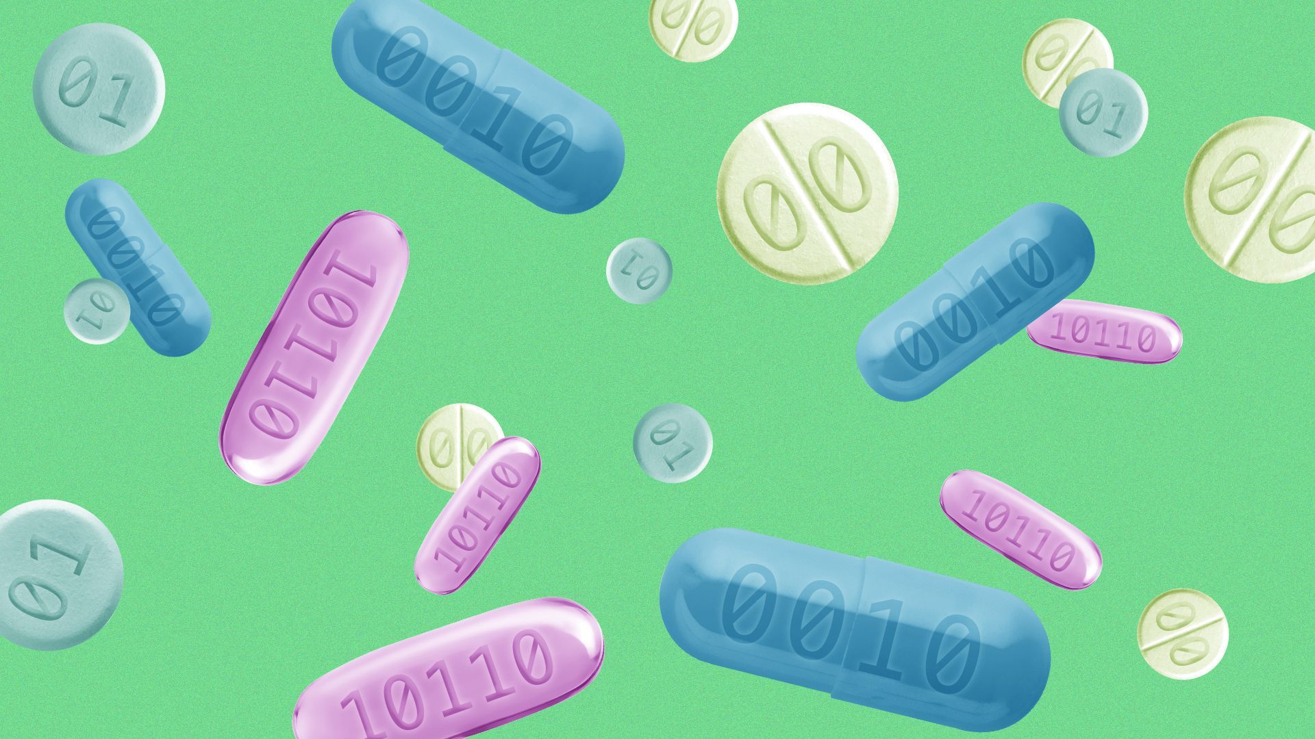 Illustration of a pattern of pills with binary code on them