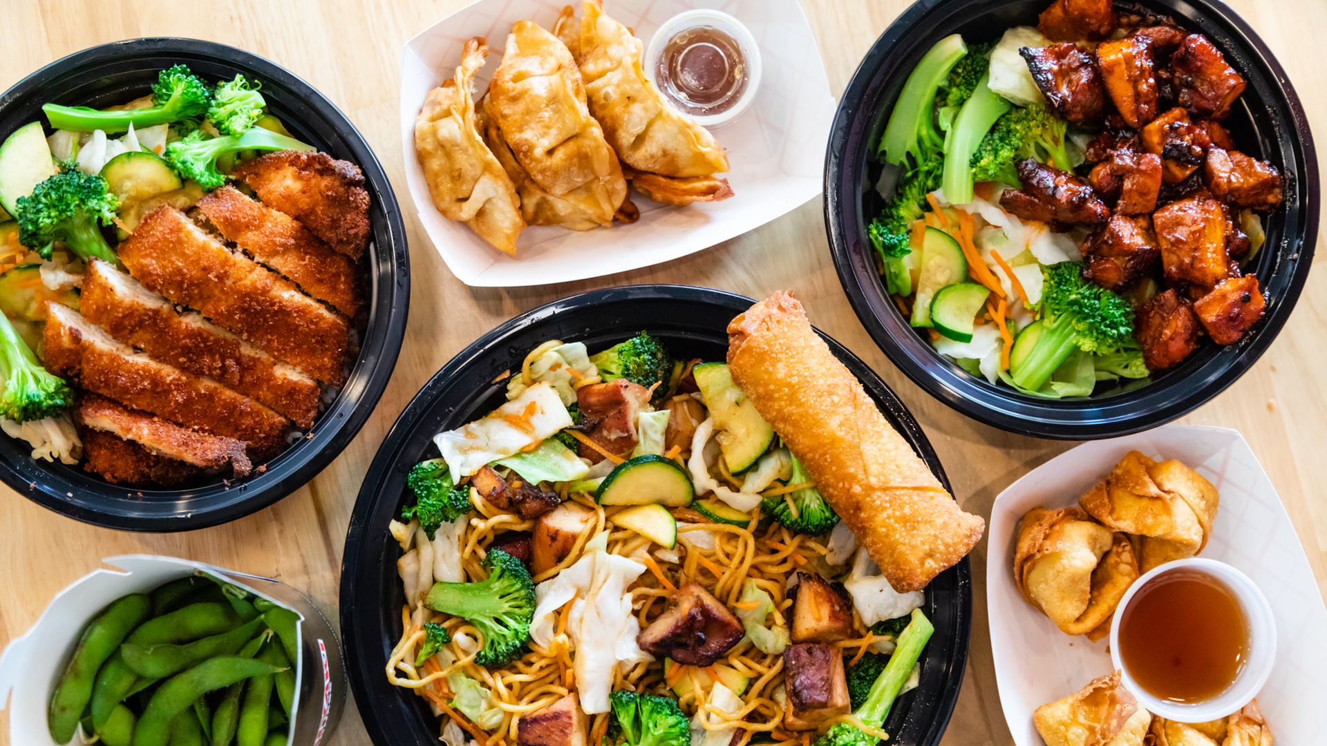 Teriyaki bowls and egg rolls