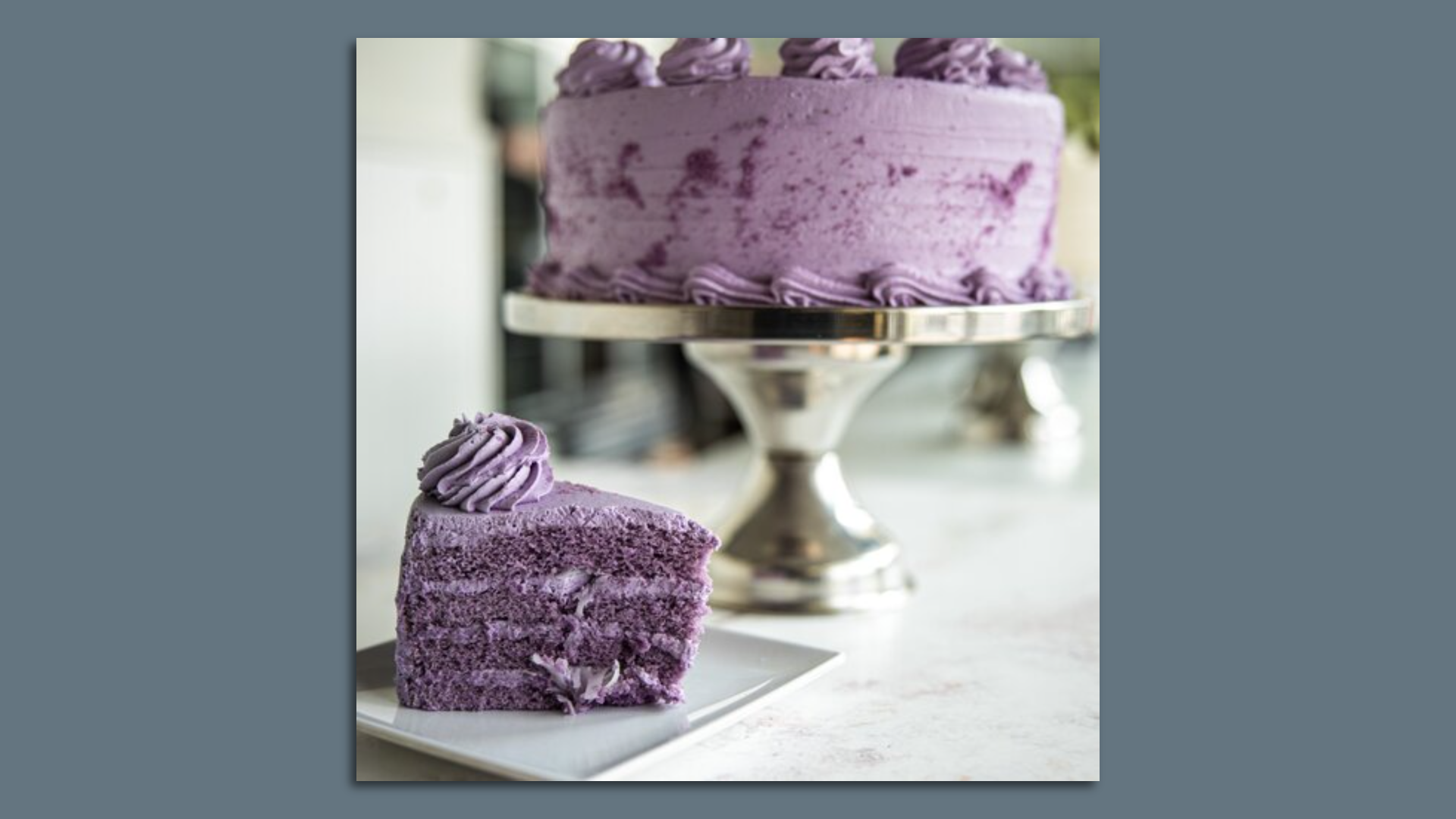 Photo of a purple cake. 
