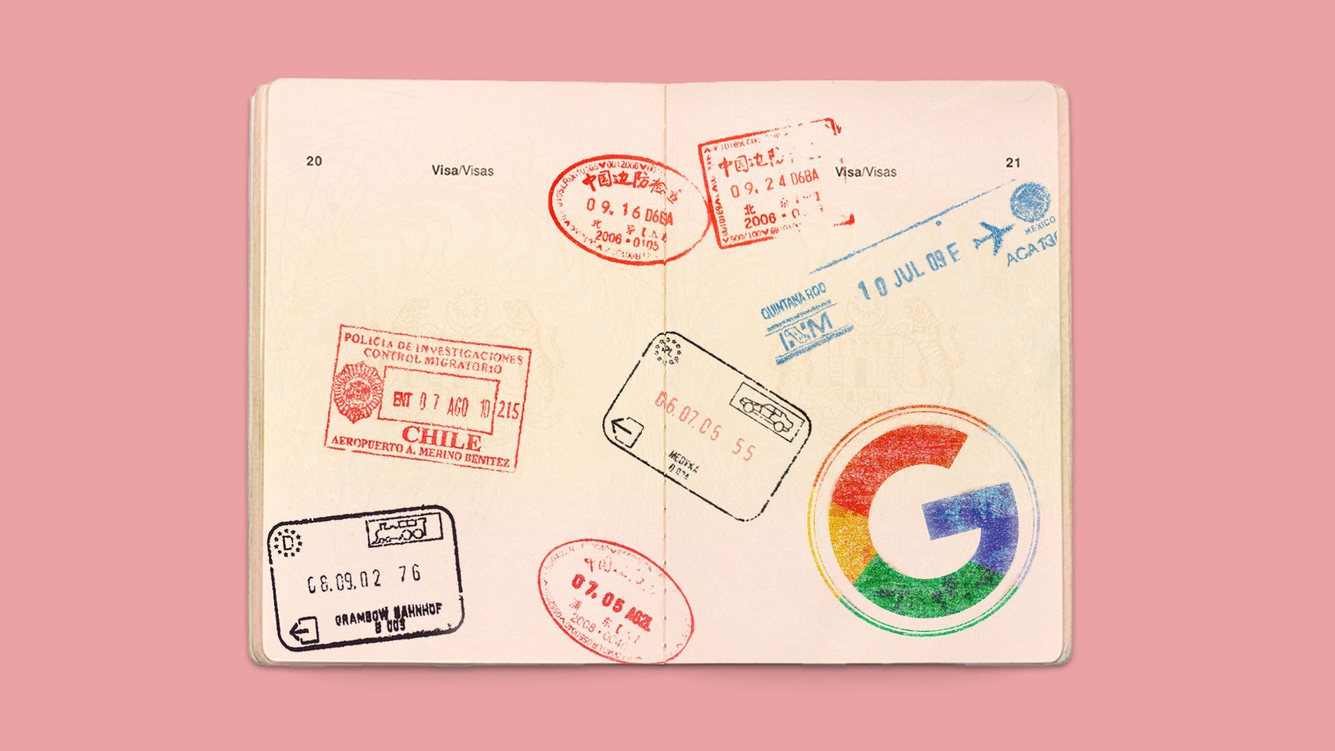 Illustration of a passport with various stamps including the google logo